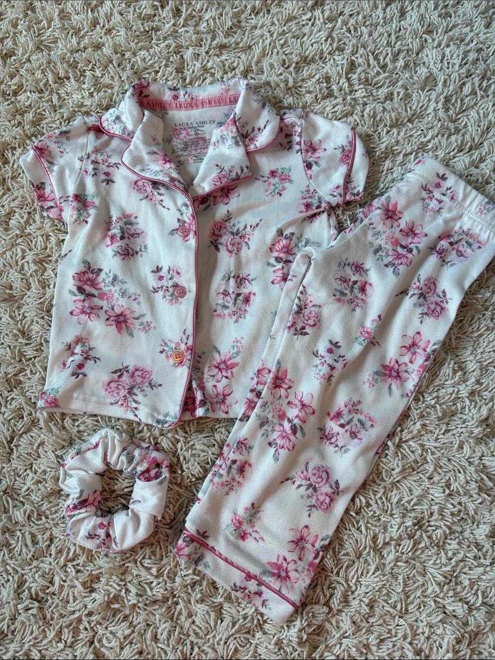 Laura Ashley White and Pink Floral Pajama Set with Scrunchie